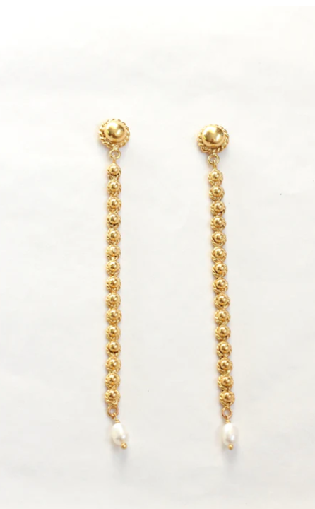 Boucle d'oreilles longues perles de laiton et perle naturelle