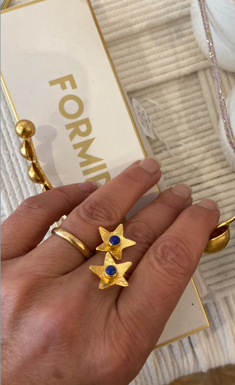 Bague étoiles double et lapis-lazuli-laiton or 24K