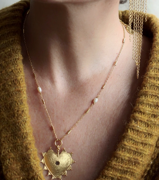collier coeur avec chaine et perles naturelles